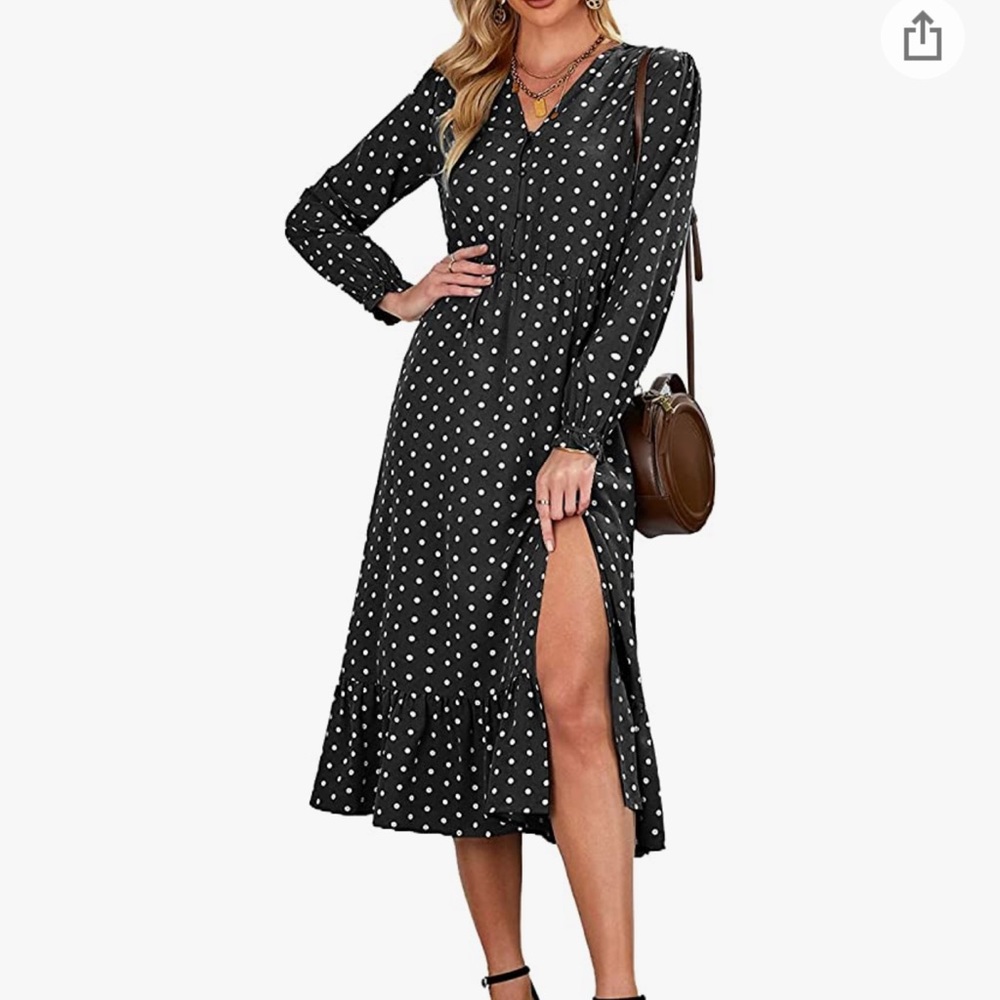Long Sleeve Polka Dot Boho Flowy A-Line Long Dress